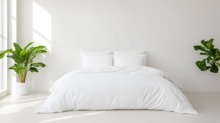 A white duvet covers a bed with two pillows. Flanking the bed are potted plants. The image is crisp and well-lit with natural light. The style is minimalist and serene. The color palette is primari