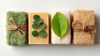Spa products, natural soap bars, green and beige washcloths, eucalyptus and lime leaves, overhead view.