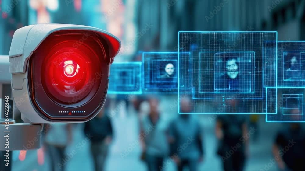 Poster advanced surveillance camera with facial recognition technology scanning multiple individuals in urb