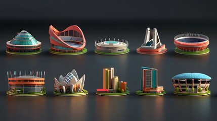 Vibrant 3D icon pack showcasing 12 unique imaginative architectural structures including stadiums opera houses and modern museums  The digital features a captivating colorful