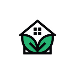 Eco-Friendly Home Logo with Green Leaves and House Outline - Sustainable Living Symbol