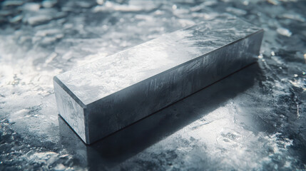 Metal Bar in a Cold Environment: A single, rectangular metal bar, reflecting light against the frosty texture of its surroundings, evoking industrial solidity and icy precision.