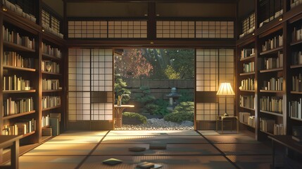 A beautiful Japanese-style room with a view of a Zen garden.