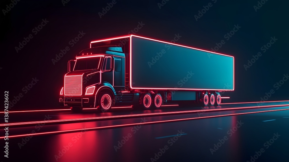 Poster futuristic autonomous cargo truck navigating a smart highway with a glowing digital interface showca