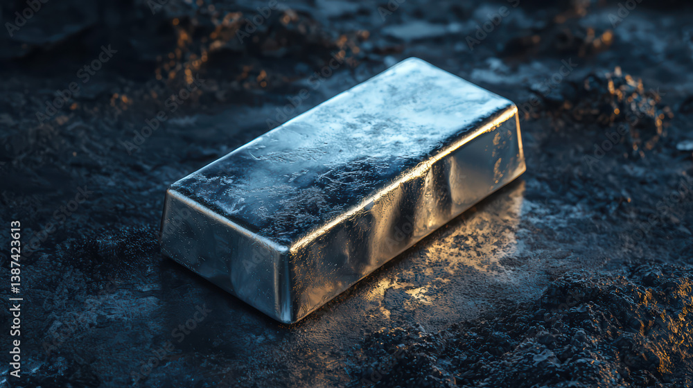 Poster gleaming metallic ingot: a photorealistic close-up of a pristine, silver metallic ingot. it resting 