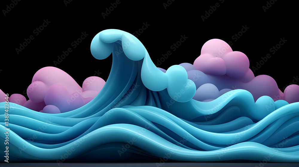 Poster abstract 3d render of stylized ocean waves and clouds