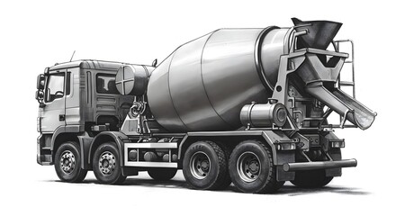 Concrete Mixer Truck Illustration in Black and White for Construction