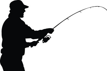 Fototapeta premium Silhouette of a man holding a fishing rod and casting a line, representing outdoor recreational fishing, nature activity, and leisure lifestyle by the water