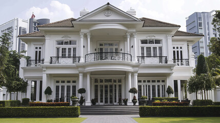 Elegant white mansion with columns and manicured garden