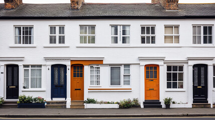 Obraz premium Terraced houses with colorful doors create charming street view