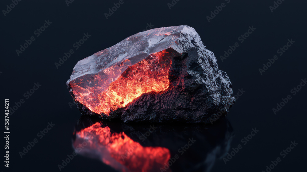 Poster glowing crystal in the darkness: a captivating display of a fiery crystal radiating warmth, creating