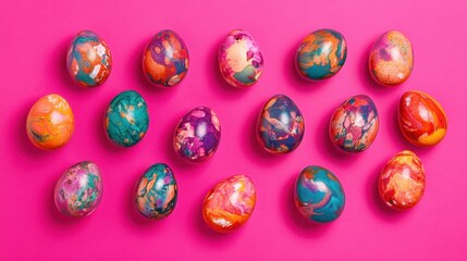Hand-dyed eggs in vibrant tones on bubblegum pink background, flat lay layout