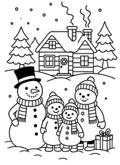 Cute snowman family in front of a snowy cabin—perfect for kids’ Christmas coloring pages, winter crafts, and holiday activity sheets.