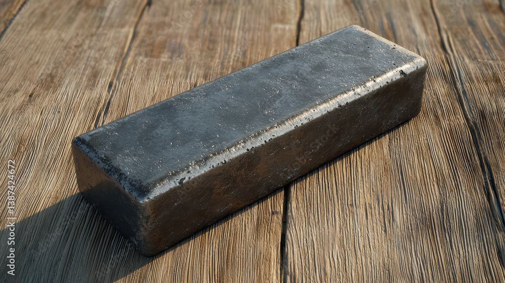 Poster refined metal block on wooden surface: a striking close-up showcases a solid, rectangular block of r