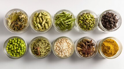 Assortment of dried herbs and spices in small glass bowls arranged on a white background.