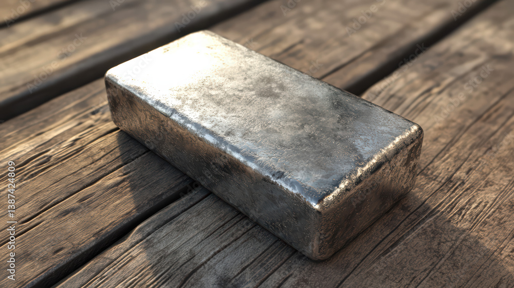 Poster silver bar on rustic wood: a gleaming silver bar rests upon a weathered wooden surface, its metallic