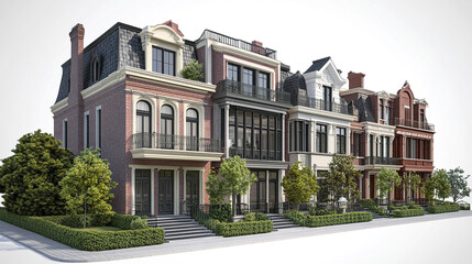 Fototapeta premium Elegant row of terrace houses with classic architecture and lush greenery