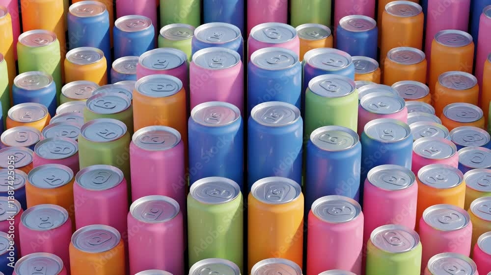 Poster rhythmic 3d movement of multicolored soda cans rising and falling – abstract geometric seamless loop