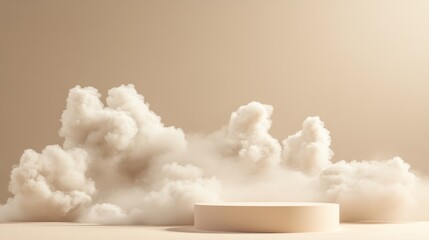 Beige product display podium with clouds, for aesthetic presentation