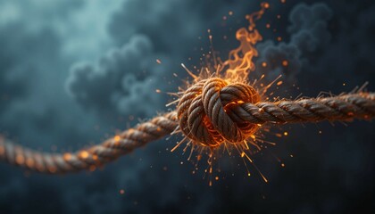 Burnt knot of rope, breaking bonds theme, smoky background, intense highlights