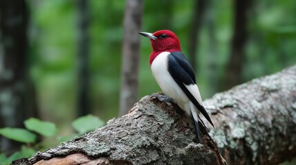 Fototapeta premium A vibrant red headed woodpecker clings to the tree trunk, its bold plumage standing out against the forest’s textured bark and dappled light.