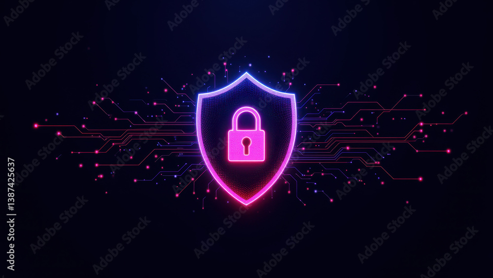 Aufkleber cybersecurity logo with a lock encircled by neon lines and circuit-like patterns.