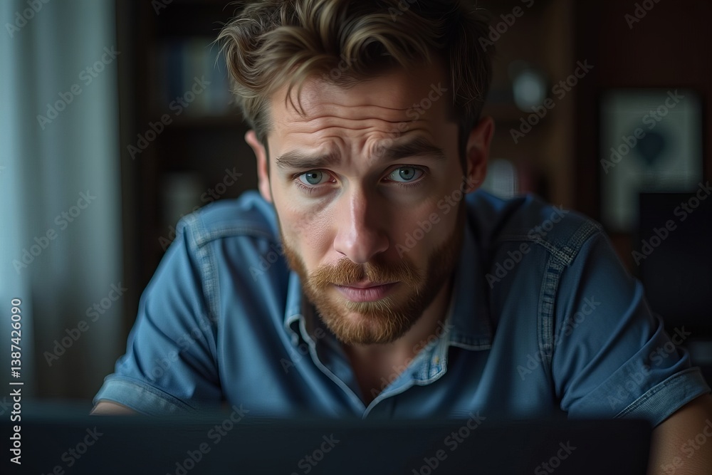 Poster man appears disinterested and unsatisfied while viewing virtual lecture webinar on computer screen i
