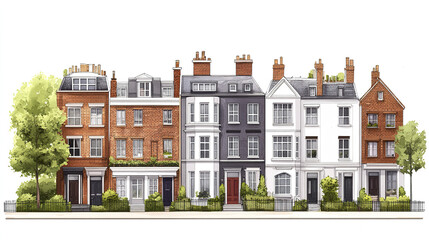 Fototapeta premium Row of charming terrace houses with varied facades and lush greenery