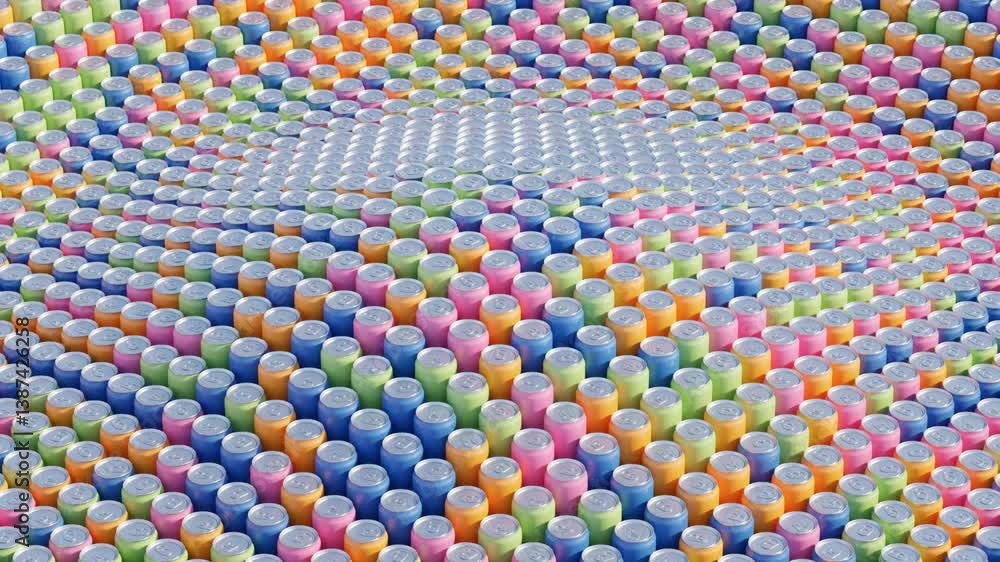 Poster wavy motion of colorful 3d beverage cans forming abstract undulating surface – seamless loop animati