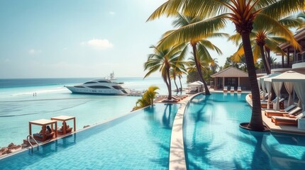 Fototapeta premium Tropical paradise with turquoise water, palm trees, infinity pool, and luxurious yacht on the shore.