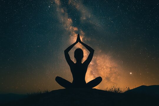 silhouette of a woman practicing yoga in starry milky way night