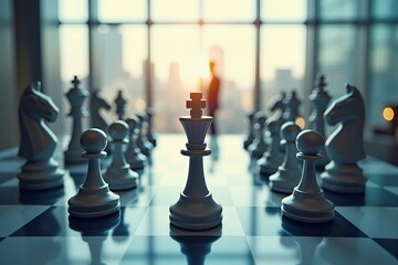 Business Executives Engaging in Strategic Chess Match on Large Board, Reflecting Financial Management Challenges and Smart Decision-Making.