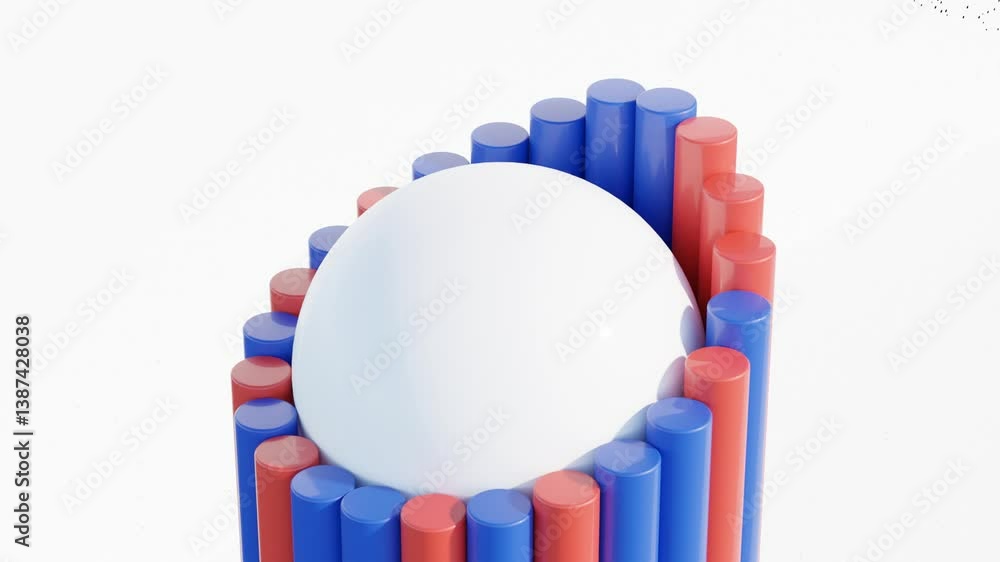 Poster 3d abstract geometric composition with blue and red pillars orbiting white sphere on pale background