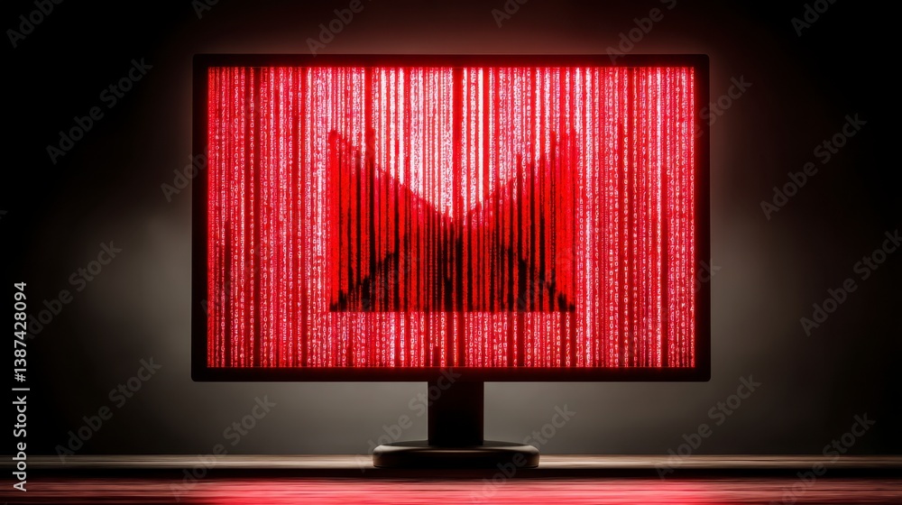 Poster red digital rain falling on a computer monitor in a dark room.