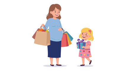 Obraz premium Pregnant woman shopping joyfully with daughter carrying gifts 