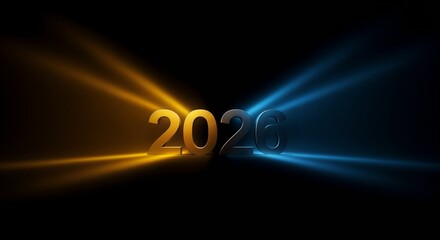 2026 light beams in blue and orange on a black background  
