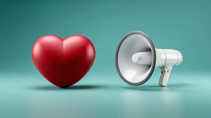 Red heart and white megaphone on teal background. 3D render.
