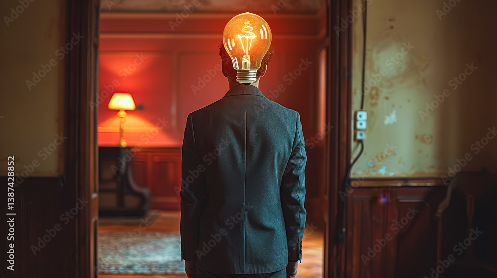 Poster man with a light bulb on his head stands in front of a room with a lamp