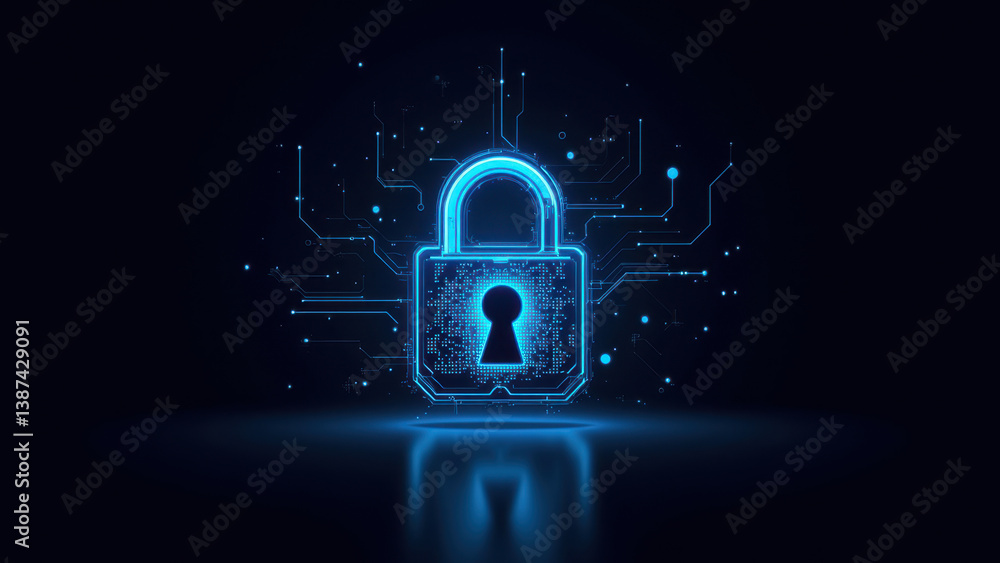 Poster a digital lock with a keyhole set against a glowing circuit board background, representing cybersecu