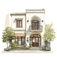 Obraz premium Elegant townhouse with arched entry and balcony, surrounded by greenery