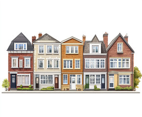 Row of colorful terrace houses with varied architectural styles