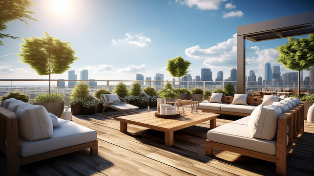 Terrasse d'une restaurant ou d'un bar en ville avec vue sur le paysage d'une ville. Rooftop, skyline. Arri&egrave;re-plan pour conception et cr&eacute;ation graphique.