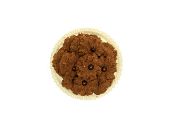 Kue Semprit Coklat or Chocolate Butter Cookies is a Traditional Indonesian Cookies for Ied Al Fitr served on crystal bowl, isolated on white background