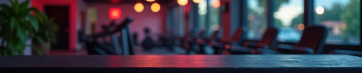 Obraz premium Black desk, gym equipment bokeh, free space for design, lifestyle, metal, clean