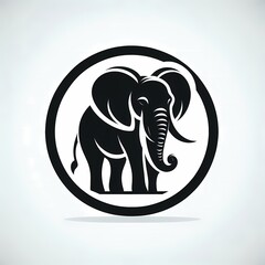 Stylized black elephant with trunk and ears inside round frame. Ideal for logos, branding, or decorative purposes