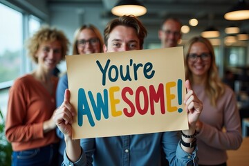 Vibrant You're Awesome! Sign Held by Diverse Group of Colleagues in Modern Office Close-up Shot.