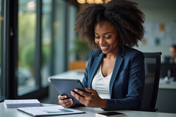 An African American businesswoman browsing online news media on a tablet in a modern office setting.