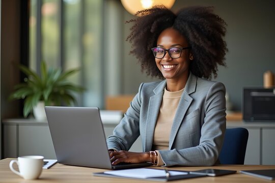 Businesswoman of African American descent hosting a webinar video conference on laptop with tablet, data, and coffee in the background.