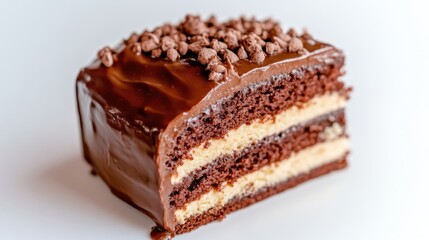 A slice of chocolate cake with rich ganache and chocolate chips on top, displayed on a white background, close-up view, and dessert concept.