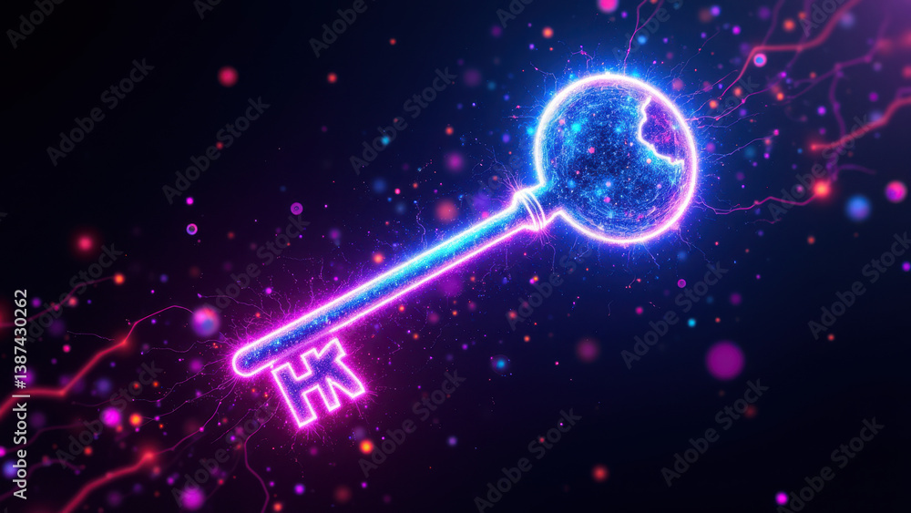 Poster a colorful digital illustration of a key with cybernetic energy radiating around it, symbolizing int